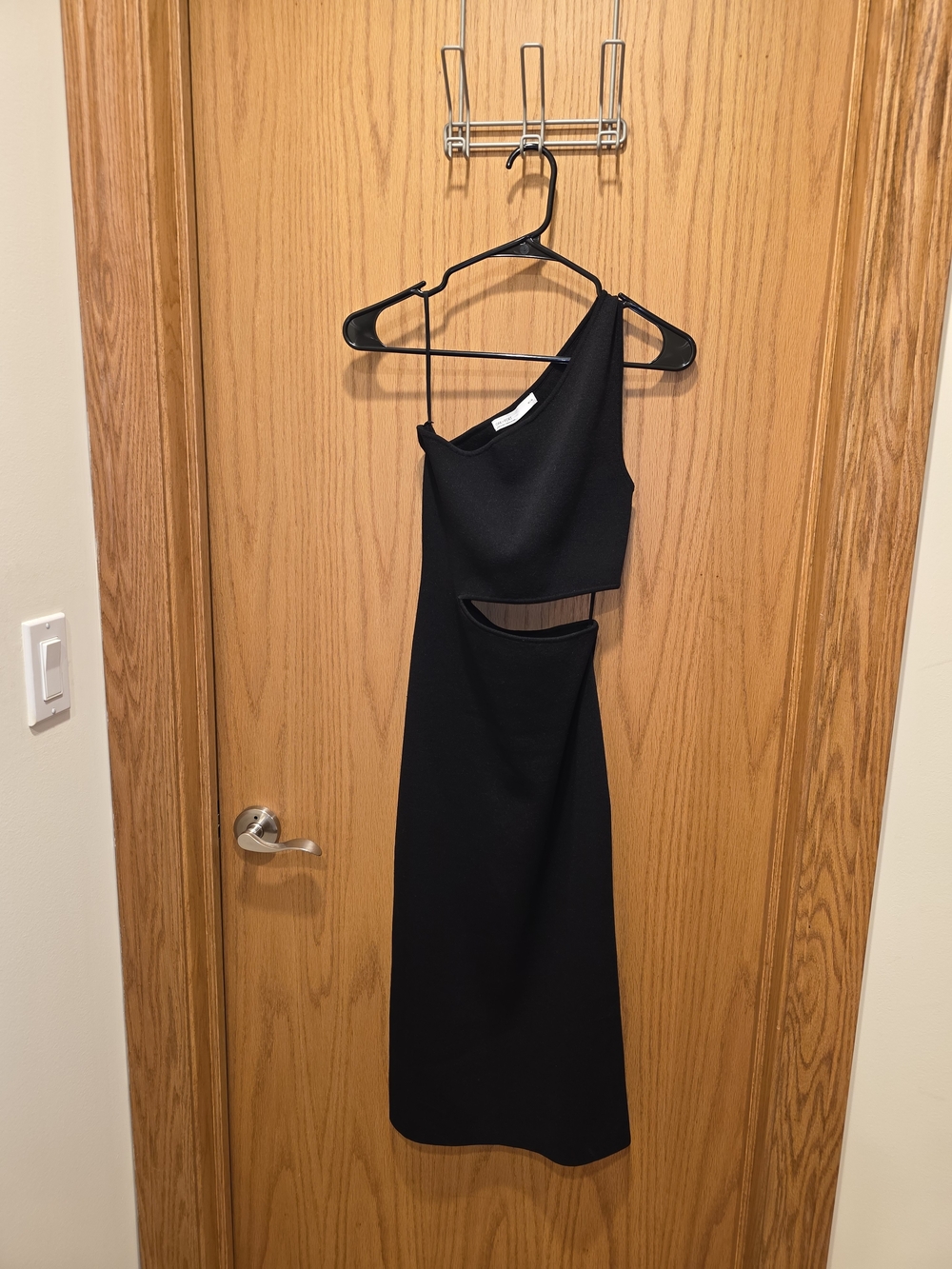 OAK + FORT Black Asymmetric One-Shoulder Cutout Midi Dress